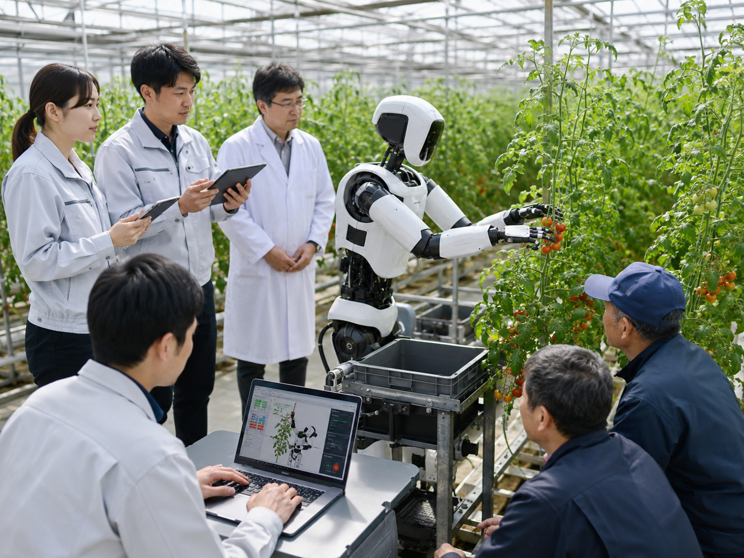 温室で研究者とロボットが共同研究
